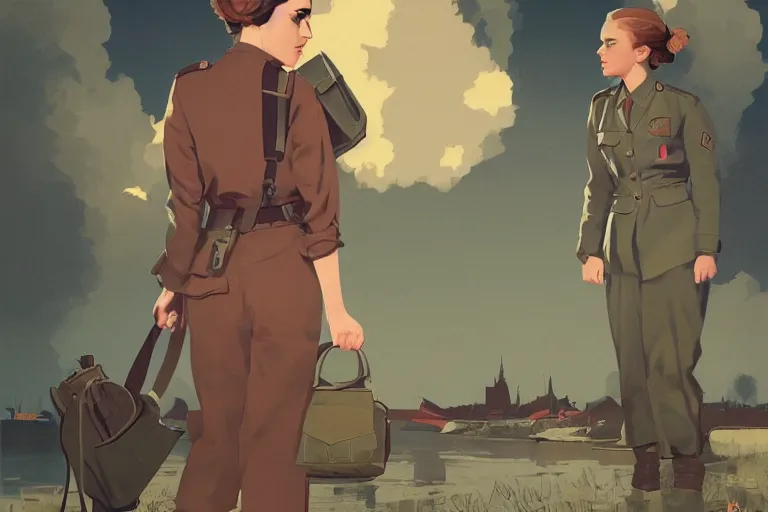 Prompt: communist Propaganda poster Emma Watson in WW2 uniform in the style of disco elysium by moebius and atey ghailan by james gurney by vermeer by George Stubbs full body trending on artstation vector art bright