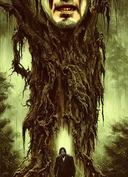 Image similar to highly detailed horror movie poster with angry creepy keanu reeves as a tree, keanu reeves faces in the bark of many trees sentient leafy catastrophe by greg rutkowski, masterpiece, really funny, 1 0 / 1 0 creepy