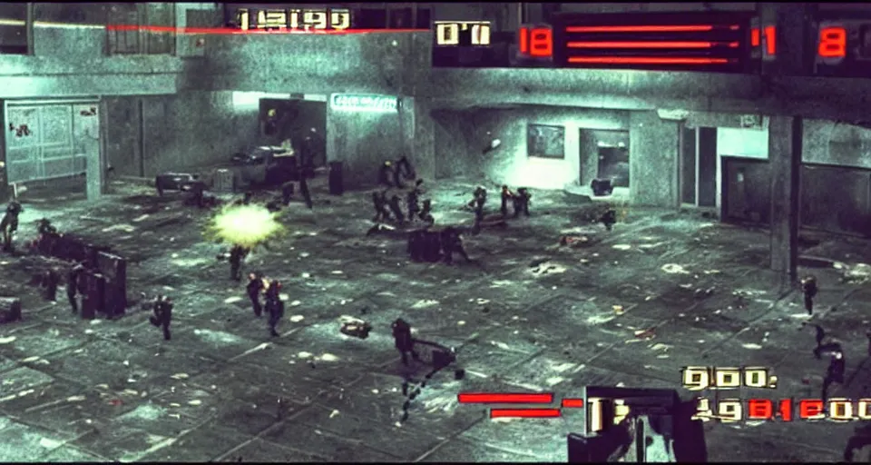 Image similar to 1988 Video Game Screenshot of Neo-tokyo Cyborg bank robbers vs police, Set inside of Parking Garage, Dark, Multiplayer set-piece Ambush, Tactical Squads :10, Police officers under heavy fire, Suppressive fire, Pinned down, Destructible Environments, Gunshots, Headshot, Bullet Holes and Anime Blood Splatter, :10 Gas Grenades, Riot Shields, MP5, AK45, MP7, P90, Chaos, Anime Machine Gun Fire, Gunplay, Shootout, :14 FLCL + Jet Grind Radio, Cel-Shaded:17, Created by Katsuhiro Otomo + Hideo Kojima + Arc System Works: 20