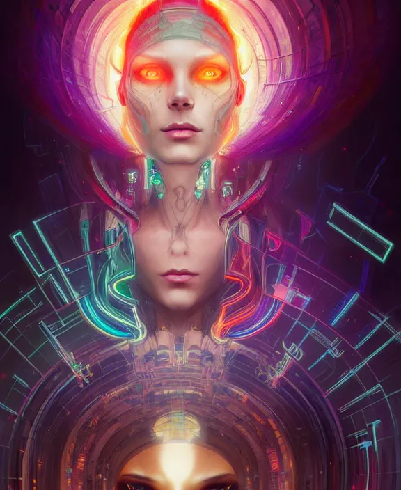 Image similar to a whirlwind of souls rushing inside the metaverse, half body, glowin eyes, tiara, pharaoh, android, cyborg, cyberpunk face, by loish, d & d, fantasy, intricate, elegant, highly detailed, colorful, vivid color, digital painting, artstation, concept art, art by artgerm and greg rutkowski and alphonse mucha