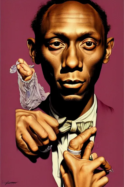 Image similar to mos def portrait by gil elvgren and norman rockwell and rob gonsalves and hajime sorayama, hyperrealistic, high detail, ultra detailed, highly detailed face, ruffled fabric