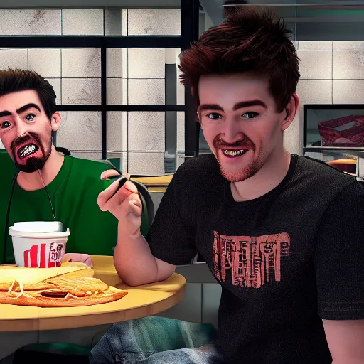 Image similar to Jacksepticeye eating in McDonald's with Markiplier, shot on iphone, photorealistic, realistic lighting,