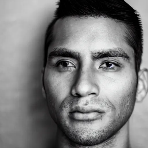 Image similar to close up of face of good looking 3 0 year old peruvian man with clean shaven face, no beard, thin face, skinny, very short straight black hair in a quiff style, color portrait, 4 k
