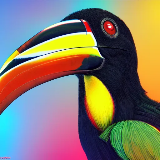 Prompt: photorealistic toucan. hyperdetailed photorealism, 1 0 8 megapixels, amazing depth, high resolution, 3 d shading, 3 d finalrender, 3 d cinematic lighting, glowing rich colors, psychedelic overtones, artstation concept art.