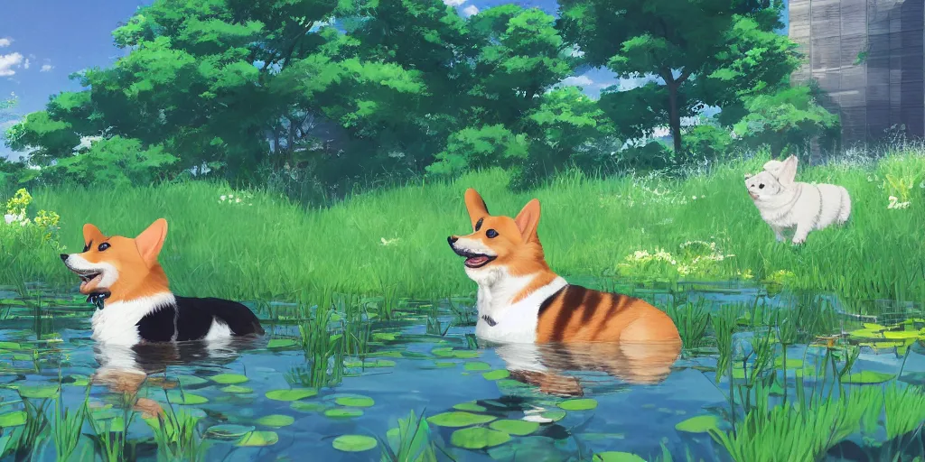 Image similar to A corgi in the pond, there is blue sky, there is water splash, there are kittens by the pond, the atmosphere is cheerful, the colors are bright, high picture quality, by Makoto Shinkai