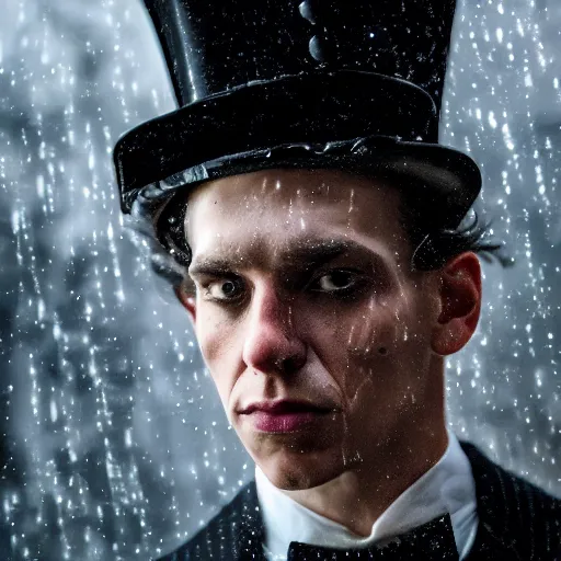 Image similar to cinestill 5 0 d candid photographic portrait by david cronenberg of baroque steampunk cyborg gentleman wearing an edwardian suit and top hat, modern cyberpunk moody emotional cinematic, closeup, pouring rain menacing lights shadows, 8 k, hd, high resolution, 3 5 mm, f / 3 2, ultra realistic faces, ex machina