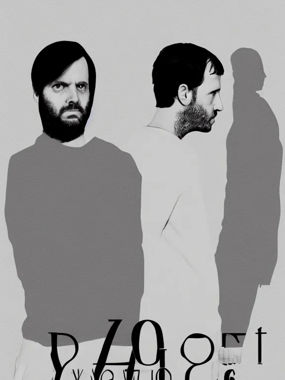 Image similar to Poster for a Yorgos Lanthimos movie featuring two black and white uncomfortable man, minimalism, beige background, realistic, 4k, in the style of Vasilis Marmatakis