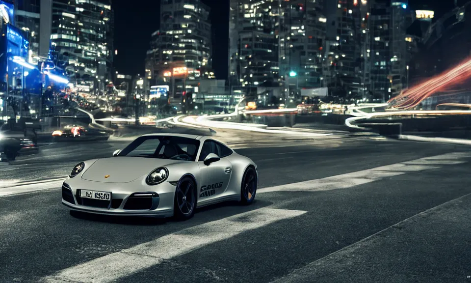 Image similar to photo of a porsche 911 at night drifting through a city, octane render, cinematic, 4k, long exposure photography, tokyo drift, fast and furious, film still, night photography, motion blur, lens flare, movie shot, light trail, distortion, wide angle