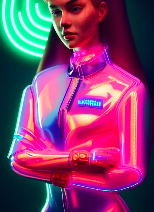 Image similar to a sensual female humanoid with freckles cheeks, retro futurism, cyber neon lighting, detailed futuristic jewelry, retro futuristic glossy latex suit, transparent vest, profile posing, hyper photorealistic, crispy quality, digital photography, trending in artstation, trending in pinterest, cinematic, 4 k ultra hd, art by pascal blanche, art by greg rutkowski,