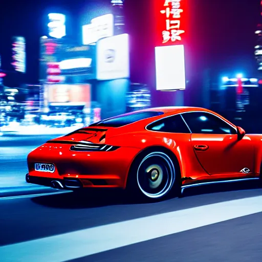 Image similar to photo of a porsche 9 1 1 at night in a city, cinematic, 4 k, long exposure photography, tokyo drift, fast and furious, film still, night photography, motion blur, lens flare, movie shot, light trail, distortion, wide angle, reflections