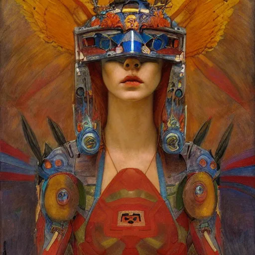 Image similar to the robot queen with her bird mask, by annie swynnerton and diego rivera and elihu vedder, symbolist, dramatic lighting, elaborate geometric ornament, head and shoulders, art brut, soft cool colors, smooth, sharp focus, extremely detailed, adolf wolfli and donato giancola