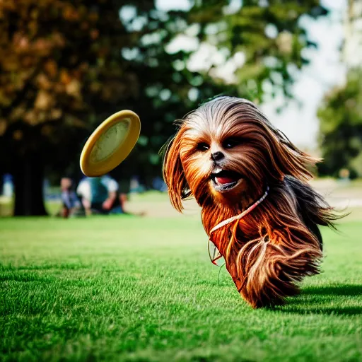 Image similar to chewbacca as a dog chasing a frisbee in the park, action photography, depth of field