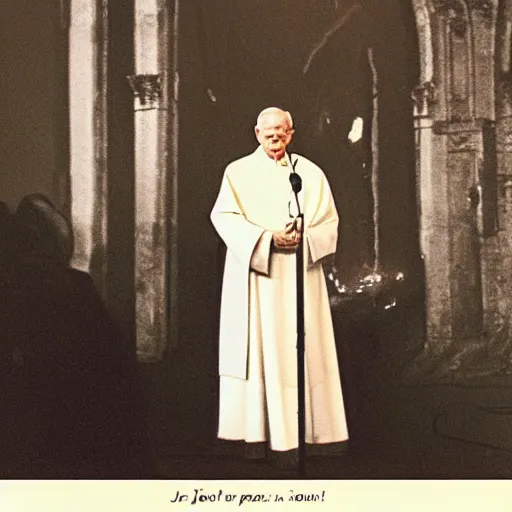 Prompt: john paul ii standing in a burning protestant church, night, pitch black