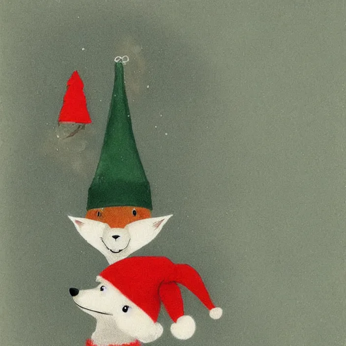 Prompt: a cute fox wearing a christmas hat by koson ohara