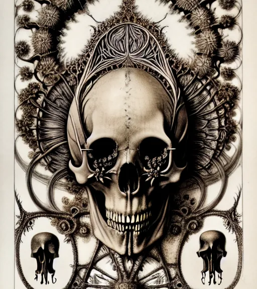 Image similar to art forms of nature by ernst haeckel, memento mori by arthur rackham, ornate antique porcelain beautiful skull mask, ultrasharp, photorealistic, hyperdetailed, octane render, polished, art nouveau, neo - gothic, gothic, intricate ornamental organic filigree, art nouveau botanicals, art forms of nature by ernst haeckel, horizontal symmetry, symbolist, visionary