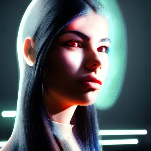 Image similar to futuristic girl, portrait, Cyberpunk, glowing skin, extremely detailed, sharp focus, model