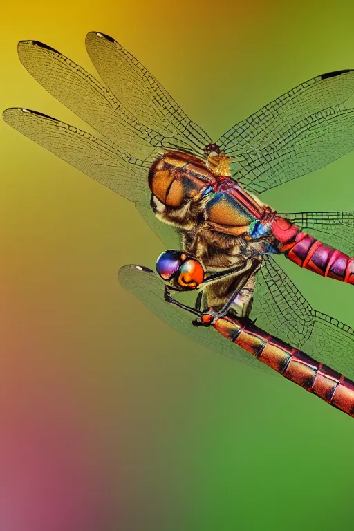 Image similar to a macro photo of a dragonfly, dynamic pose, extreme close - up, intricate details, intricately detailed wings and compound eyes, intricate textures, warm lighting, vivid colors, smoke and mist, realistic octane render, hyper realistic render, volumetric shading, depth of field, raytracing, 8 k,