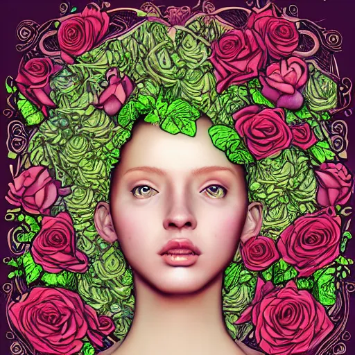 Image similar to the anatomy of a head of lettuce with roses that resemble a beautiful young woman, an ultrafine detailed illustration by james jean, intricate linework, bright colors, final fantasy, behance contest winner, vanitas, angular, altermodern, unreal engine 5 highly rendered, global illumination, radiant light, detailed and intricate environment