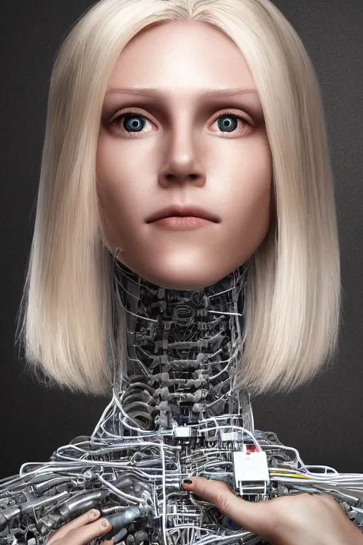 Image similar to robot with human face, female head, full body angle, woman human face, human face realistic, beautiful blonde hair, human head, human head with blonde hair, blonde hair human head, blonde hair, human realistic face, human head skin, cyborg frame concept, cyborg by ales-kotnik, sci-fi android female, the body is made of wires, robotic body, cyborg body, cyborg bust body, robot body cyborg, full body