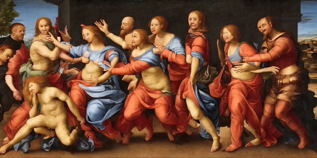 Image similar to renaissance era painting of a food fight