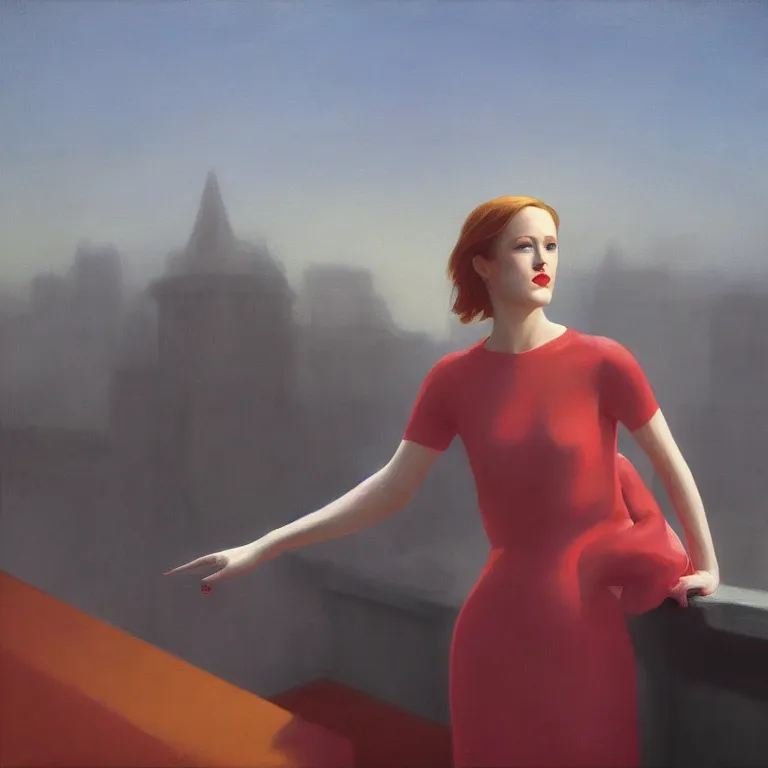 Prompt: portrait of Evan Rachel Wood on a roof, fog, early morning, , painted by Edward Hopper, painted by Wayne Barlow, airbrush