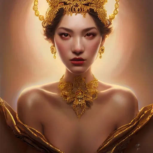 Prompt: expressive oil painting, of alluring european princess, seductive look, smooth glowing skin, glistening body, love, adoration, ornate headpiece made from beads, glamour shot, by yoshitaka amano, by greg rutkowski, by jeremyg lipkinng, by artgerm, digital art, octane render, white dress, soft lighting