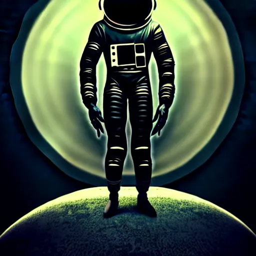 Prompt: full-body dark creepy gothic retro illustration realism a decapitated astronaut with futuristic elements. he welcomes you under with no head, empty helmet inside is occult mystical symbolism headless full-length view. standing on ancient altar eldritch energies disturbing frightening, award winning digital illustration hyper realism, 8k, depth of field, 3D
