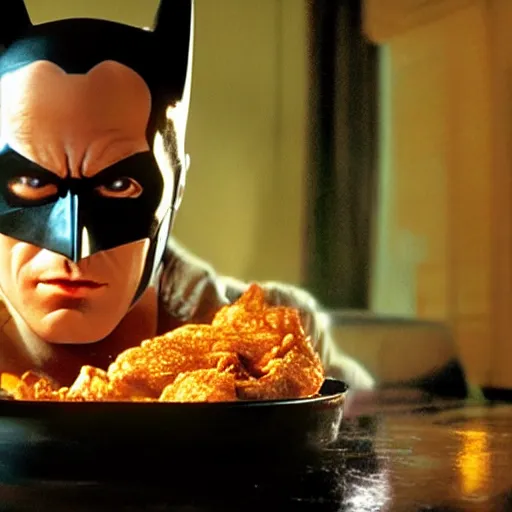 Prompt: movie still, movie frame, batman eats fried chicken in bed, lit only by the glow of the television set