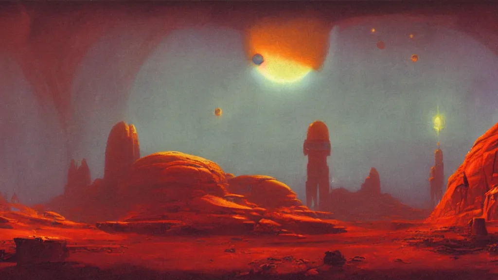 Image similar to mars colony by paul lehr and john schoenherr, cinematic matte painting