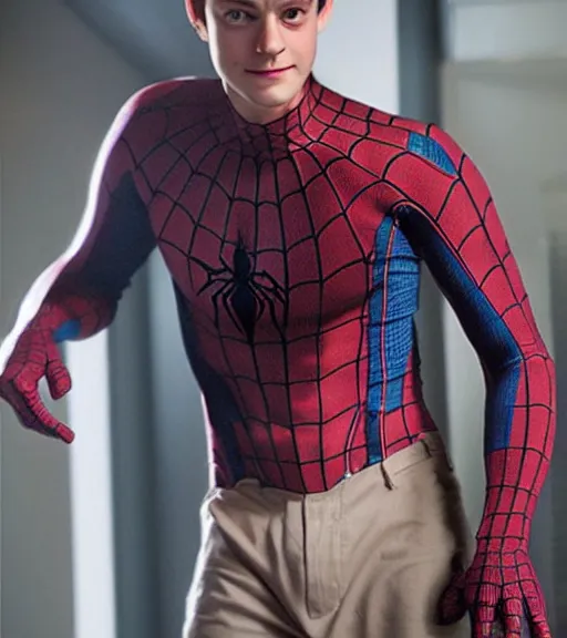Image similar to very handsome peter parker with his spider suit removed to his waist, looking seductive