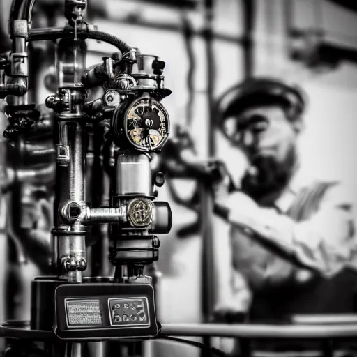 Prompt: A random pointless contraption industrial appliance pneumatic steampunk machine with no apparent purpose, being operated by a scholarly looking man with a clear directed gaze, XF IQ4, f/1.4, ISO 200, 1/160s, 8K, RAW, unedited, symmetrical balance, in-frame