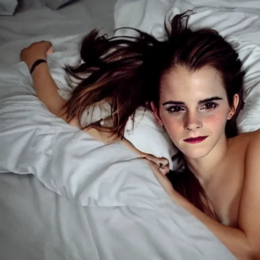 Image similar to emma watson in bed waiting for you, comfy, bare shoulders, soft skin, messy hair, sleepy, smiling shyly