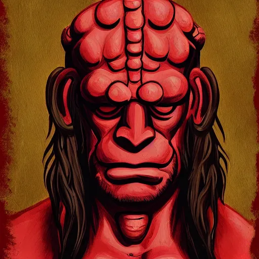 Prompt: a Reinassance style painting of Hellboy, high quality, highly detailed