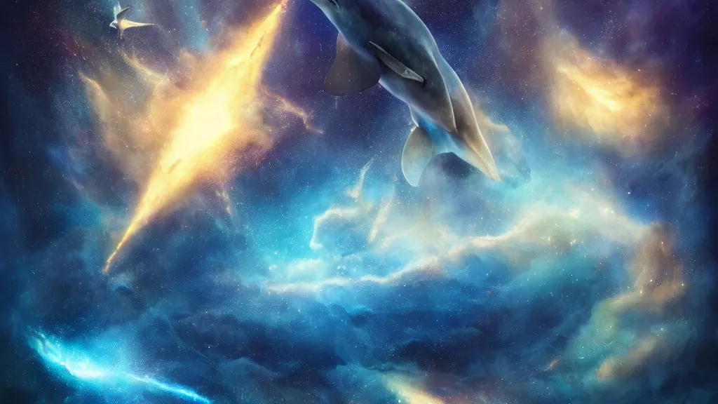 Image similar to Ethereal blue fire whale and dolphins flying through a nebula, star dust, cosmic, magical, shiny, glow,cosmos, galaxies, stars, outer space, stunning, by andreas rocha and john howe, and Martin Johnson Heade, featured on artstation, featured on behance, golden ratio, ultrawide angle, hyper detailed, photorealistic, epic composition, wide angle, f32, well composed, UE5, 8k