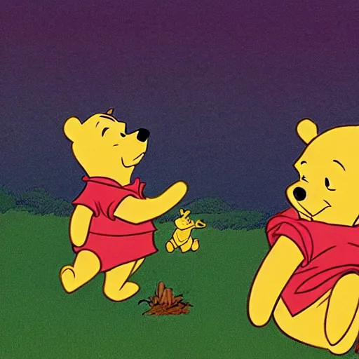 Image similar to winnie the pooh dying, in the style of winnie the pooh cartoon