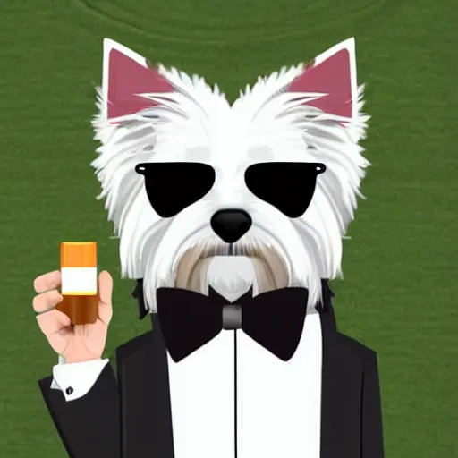 Prompt: dapper well dressed west highland white terrier in a tuxedo drinking scotch and smoking a cigar