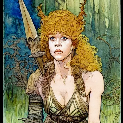 Image similar to a realistic and atmospheric watercolour fantasy character concept art upper body image of a young jane fonda in her 2 0 s posing as a druidic warrior wizard looking at the camera with an intelligent gaze by rebecca guay, michael kaluta, charles vess and jean moebius giraud