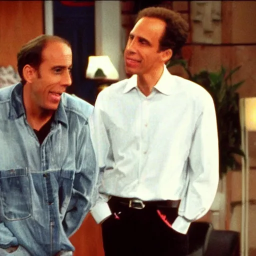 Prompt: Photo still of Jerma in 1990s clothing guest-starring with Jerry Seinfeld in an episode of the TV show Seinfeld (1994), realistic