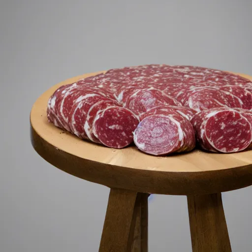 Prompt: a round bench completely covered in salami, studio photography, 5 0 mm