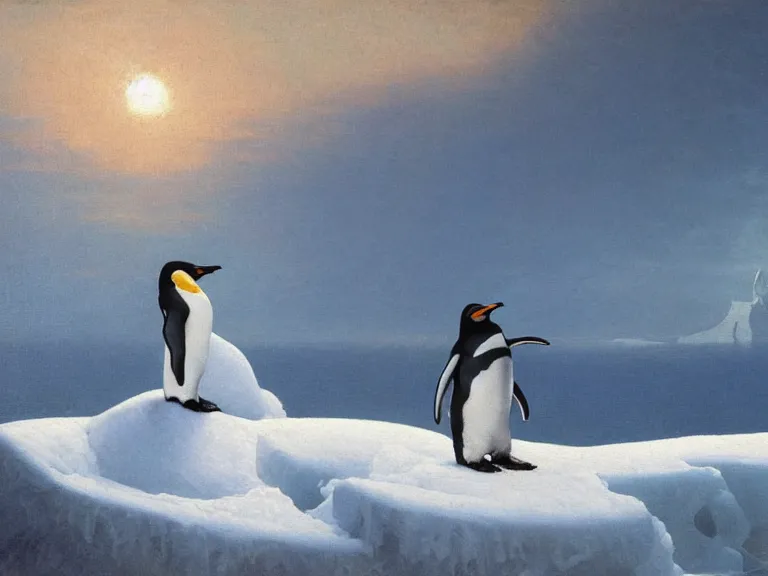 Image similar to an oil painting of a penguin playing in pure white snow on an iceberg in a serene ocean at dusk. aurora. by tuomas korpi moebius and carl spitzweg. baroque elements. intricate artwork by caravaggio. oil painting. oil on canvas. award winning. dramatic. trending on artstation. 8 k