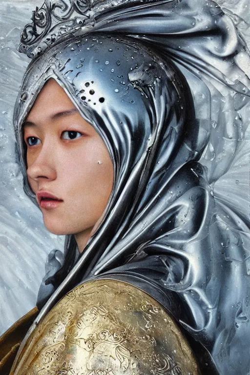 Image similar to hyperrealism oil painting, close-up portrait of medieval euopean fashion model, knight, steel gradient mixed with water swirls sky, in style of baroque mixed with 70s japan book art