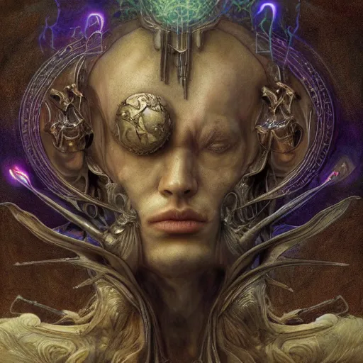 Image similar to Baroque Cyborg Merlin by Brian Froud, Alan Lee, Josh Kirby, Luis Royo, Alex Grey annd Agostino Arrivabene. beautiful strange detailed painting 8k resolution deviantart trending on Artstation concept art digital illustration psychedelic surrealism Unreal Engine ZBrush volumetric lighting