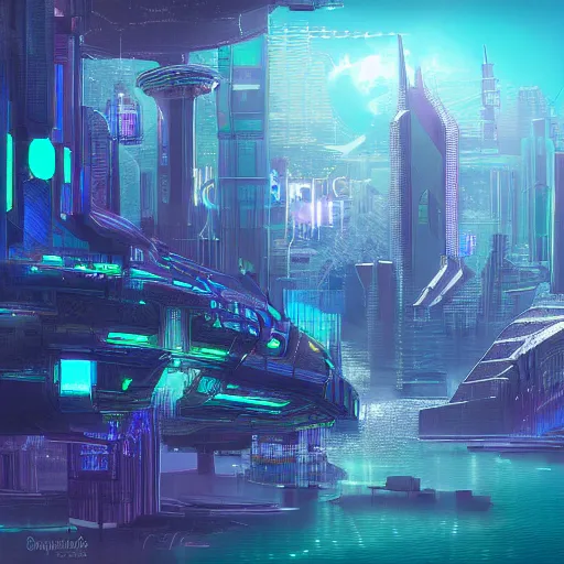 Prompt: Cyberpunk Atlantis, digital art