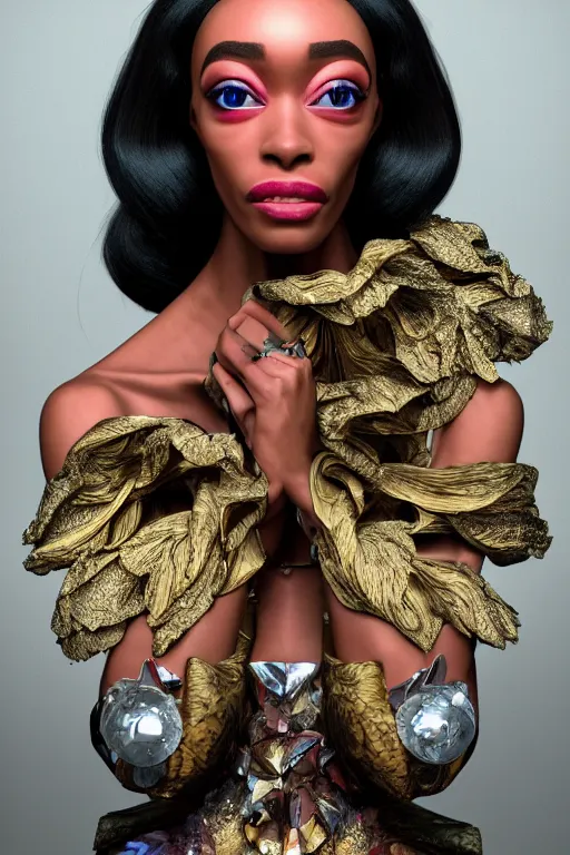 Prompt: a highly detailed medium shot 8 k render portrait of an alien goddess winnie harlow in iris van herpen dress schiaparelli in diamonds and jewelry in style of alphonse mucha trending on artstation made in unreal engine 4