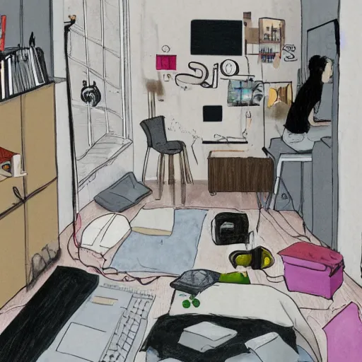 Prompt: hikikomori in the flat art