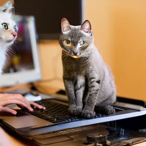 Prompt: photo of an anthropomorphic cat using a computer