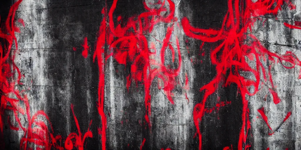 Prompt: photograph of red graffiti inspired by flames, on a black wall, Sigma 50mm, ƒ/8, Focal length_ 50.0 mm