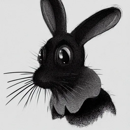 Image similar to A extremely highly detailed majestic hi-res beautiful, highly detailed head and shoulders portrait of a scary terrifying, horrifying, creepy black cartoon rabbit with scary big eyes, earing a shirt laughing, hey buddy, let's be friends, in the style of Walt Disney