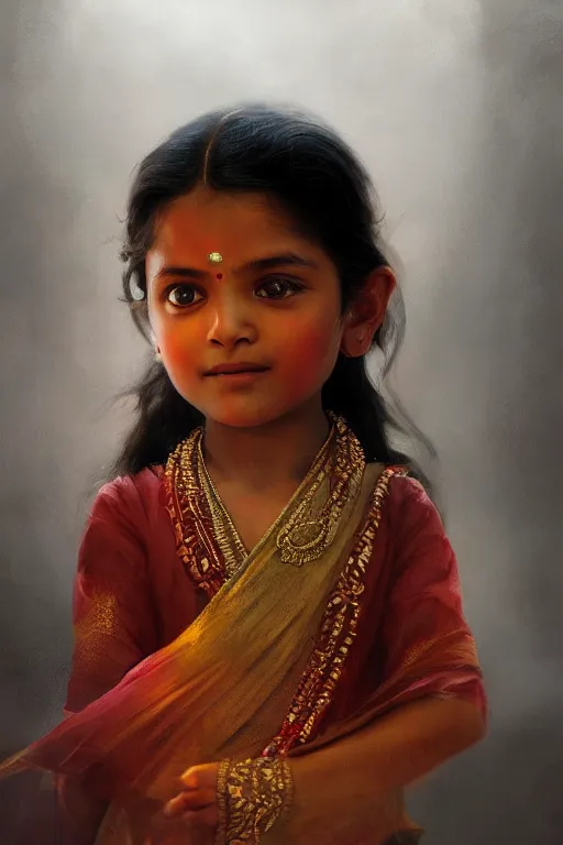 Image similar to hindu little girl, joyful, close - up portrait, intricate, elegant, volumetric lighting, scenery, digital painting, highly detailed, artstation, sharp focus, illustration, concept art, ruan jia, steve mccurry