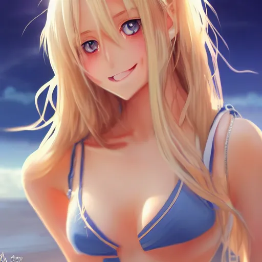 Image similar to a very beautiful anime mature girl, full body, long wavy blond hair, sky blue eyes, full round face, short smile, bikini, miniskirt, front view, medium shot, mid-shot, highly detailed, cinematic wallpaper by Stanley Artgerm Lau